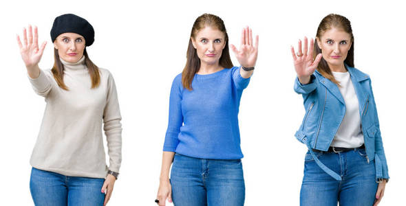 拼贴美丽的中年妇女在孤立的背景下做停止用手掌唱歌。 警告表情，脸上有负面和严肃的手势。