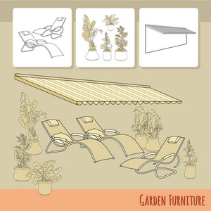 露台遮阳篷下手绘躺椅和盆栽花卉的矢量插图。 米色背景的花园配件。 景观设计。 夏季后院有户外家具。 休息区。