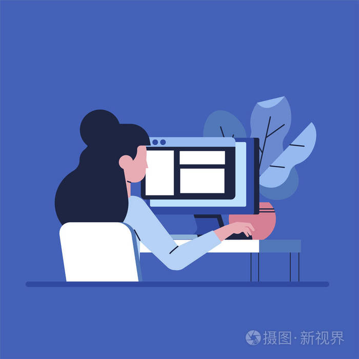 在办公室工作的自由职业者被隔离在蓝色的电脑上
