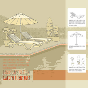 露台伞下手绘躺椅和盆栽花卉的矢量插图。 米色背景的花园配件。 景观设计。 夏季后院有户外家具。 休息区。