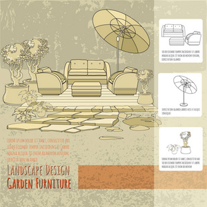 露台伞下手绘躺椅和盆栽花卉的矢量插图。 米色背景的花园配件。 景观设计。 夏季后院有户外家具。 休息区。