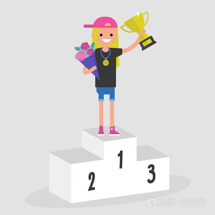 颁奖典礼年轻的女性角色拿着冠军杯和一束花成功胜利最好的平面可编辑