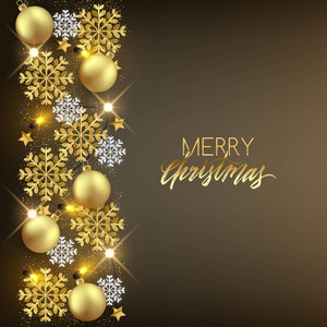 圣诞快乐，新年快乐，装饰明信片，闪亮的球，闪烁的雪花和LED灯。