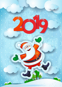 新年背景与有趣的圣诞老人和2019年符号矢量插图eps10