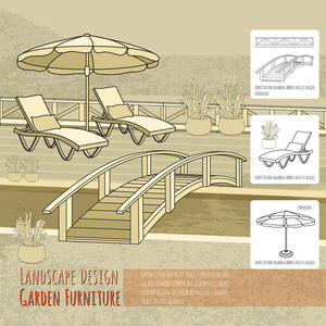 露台伞桥下手绘躺椅和盆栽花卉的矢量插图。 米色背景的花园配件。 景观设计。 夏季后院有户外家具。 休息区。