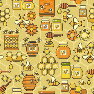 矢量无缝图案。 养蜂产品。 包括蜂蜜罐蜂房黄色背景的花