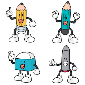 钢笔,铅笔和橡皮擦卡通矢量集照片