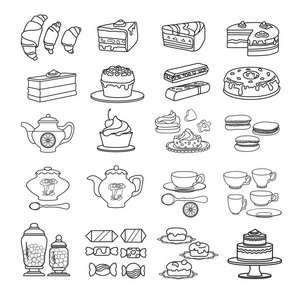 糖果图标。 一套可爱的各种甜点图标。 平面设计矢量插图。 甜烤食品饼干隔离在白色背景上。 面包店食谱糕点和糕点或糖果。