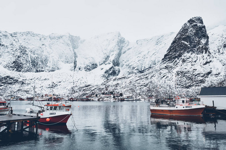 挪威洛福滕群岛汉诺伊渔村的船只