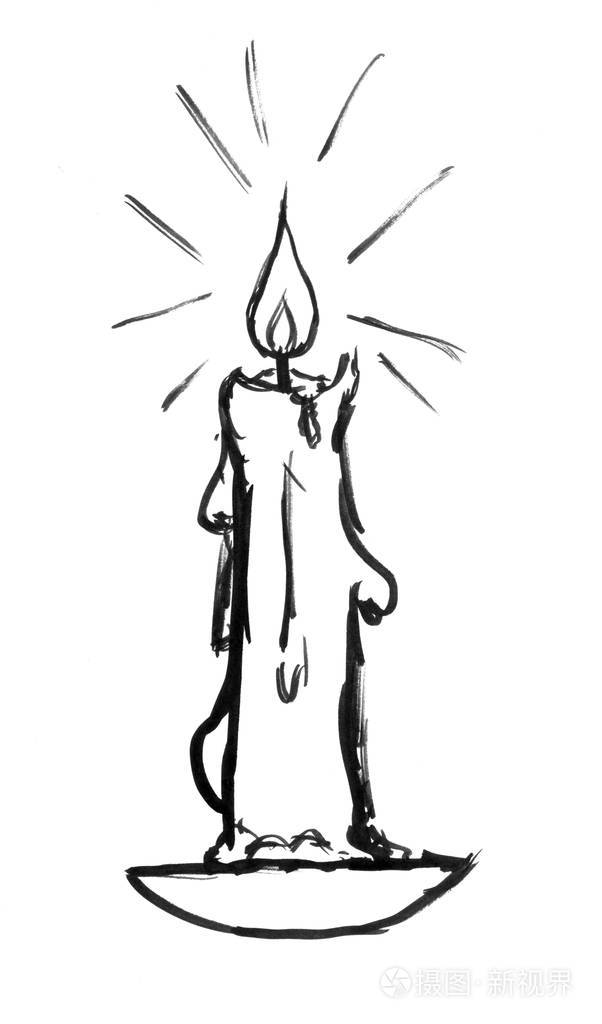 燃烧蜡烛的黑色素描水墨手绘
