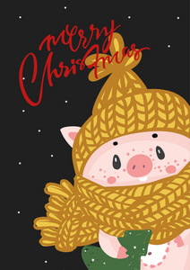 向量例证卡片与年的标志黄色猪与圣诞节礼物。猪母猪动物。可爱的小猪可爱的卡通搞笑婴儿角色在新年帽。中文