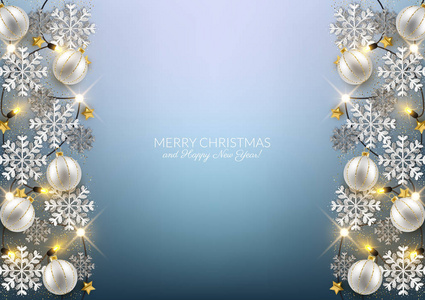 圣诞快乐和新年背景设计装饰诱饵和闪光雪花框架矢量插图。