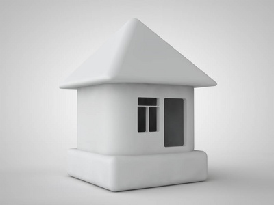 白色立方原始房屋的形象玩具是房地产的概念。 孤立在白色背景上。 三维渲染。
