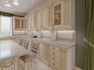 古典木制厨房与木制细节米色豪华室内设计3渲染