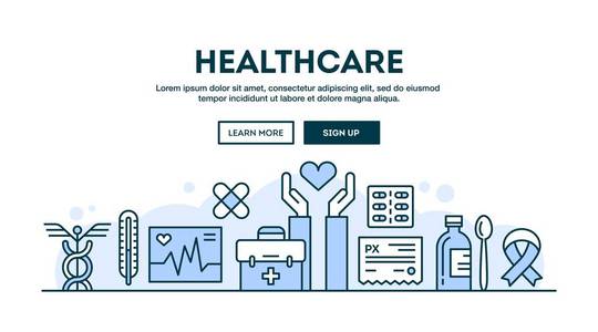 医疗保健概念标题平面设计细线样式矢量插图
