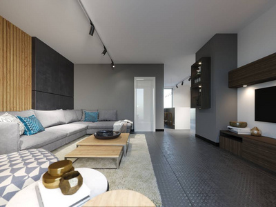 时尚的客厅阁楼风格的灰色阁楼内部与木制面板和现代地毯。 3D渲染