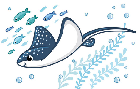 卡通可爱的黄貂鱼与鱼游泳矢量插图照片