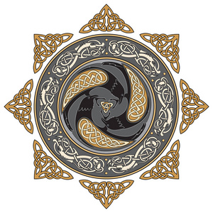 维京盾牌,装饰着斯堪的纳维亚图案的龙和乌鸦的奥丁孤立在白色矢量