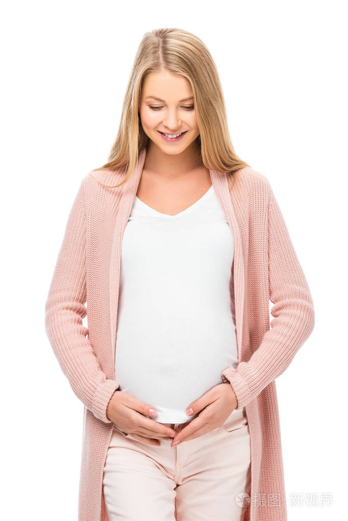 孕妇触摸腹部双手隔离白色