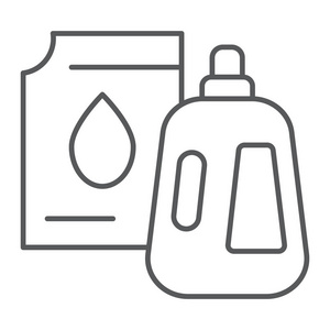 洗涤剂细线图标, 洗衣和洗涤, 樱桃符号, 矢量图形, 在白色背景的线性图案