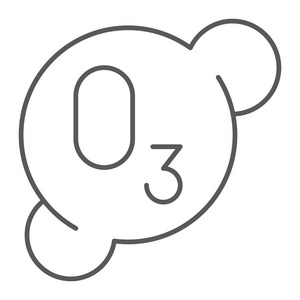 臭氧细线图标, 公式和臭氧, 分子符号, 矢量图形, 在白色背景的线性