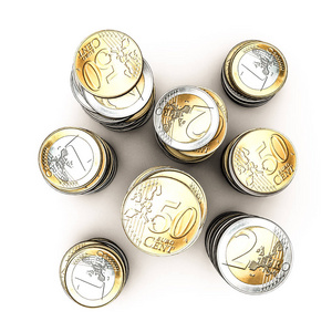 白色背景三维插图中分离的欧元硬币