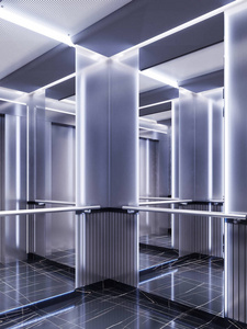 未来主义设计的电梯舱与镜子与霓虹灯照明和金属面板。 现代电梯设计。 反射到无限。 3D渲染