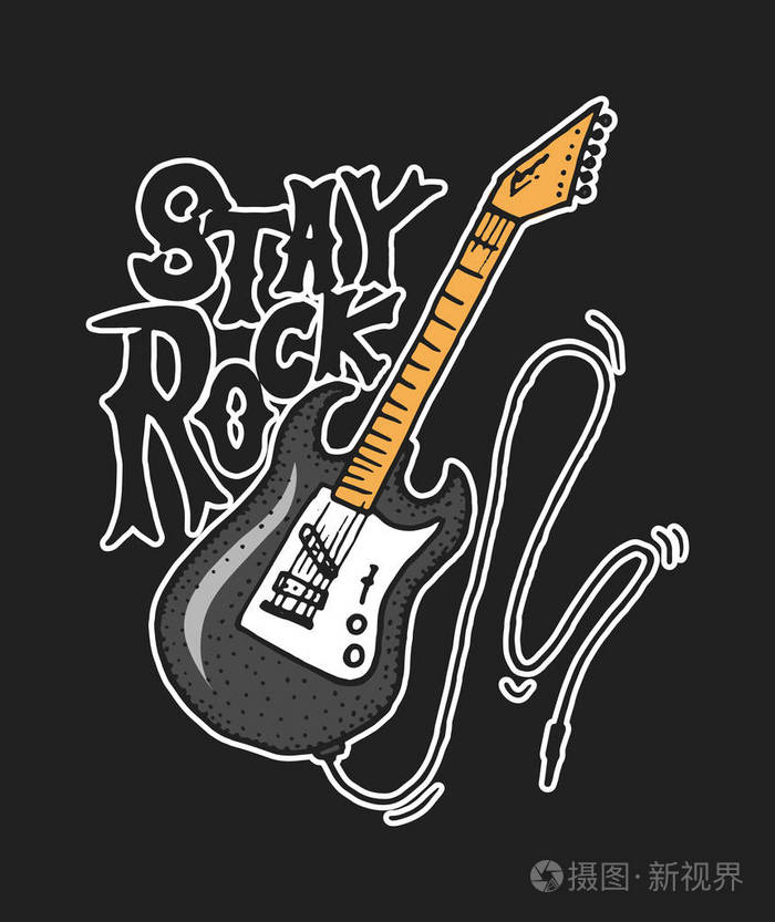 摇滚乐音乐符号与吉他翼头骨, 鼓版画.标签, 徽标.