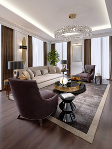 设计现代风格的豪华公寓，配有设计师家具和大型窗帘。 三维渲染。
