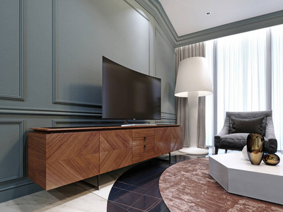 客厅木制橱柜上的现代电视。 3D渲染