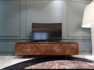 客厅木制橱柜上的现代电视。 3D渲染