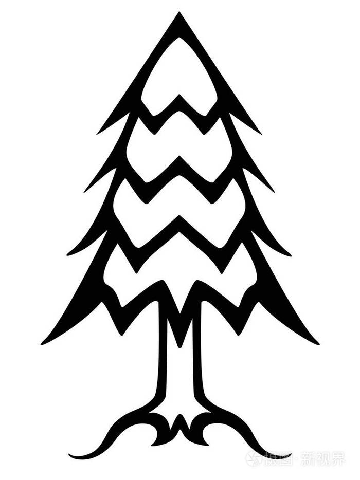 圣诞树黑白线性图片轮廓针叶树矢量插图圣诞树图标或标志树树干针根