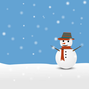 雪下天空背景上的卡通雪人。 张开双臂微笑的雪人。 矢量插图