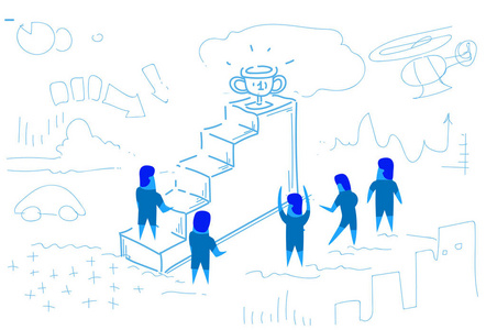 商人攀登阶梯领奖台冠军杯第一名奖杯概念团队工作成功水平素描涂鸦
