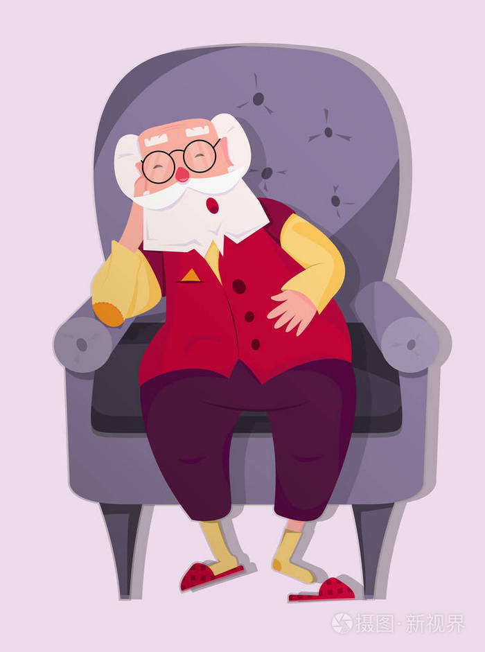 老爷爷睡在椅子上,五颜六色的卡通人物,矢量图像,平面设计