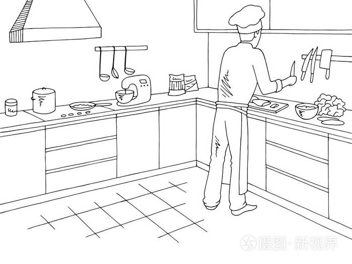 在餐厅厨房的厨房里烹饪食材,平面,黑白内部草图,插图矢量