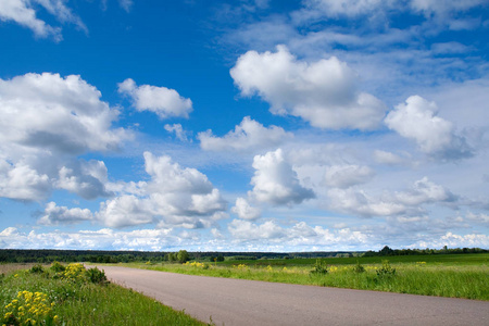 夏天的风景之路通向地平线在树林附近的田野和蓝天上美丽的云彩照片