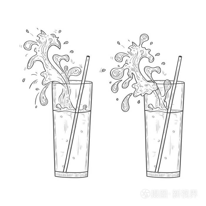 一杯吸管喝果汁飞溅喷雾素描设置单色