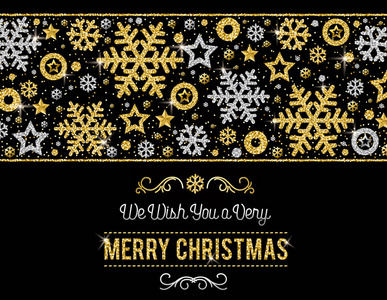 黑色圣诞卡，有金色和银色闪闪发光的雪花和星星矢量插图