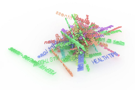 彩色三维渲染。 CGI排版信息过载的一堆健康相关关键字。 装饰插图。 用于设计纹理背景。