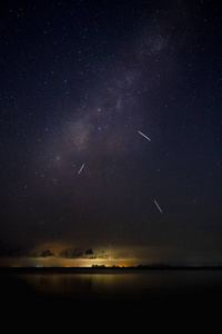 在黑暗的夜晚，星尘与噪音和谷物在天空与流星和城市的光在底部。