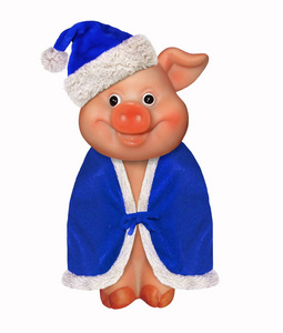 小猪佩琦有一只快乐的猪戴着圣诞老人的帽子和一件蓝色的斗篷.