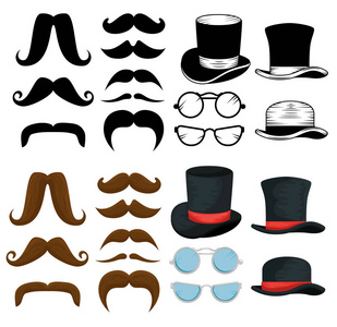 设置男性胡子风格与帽子和眼镜