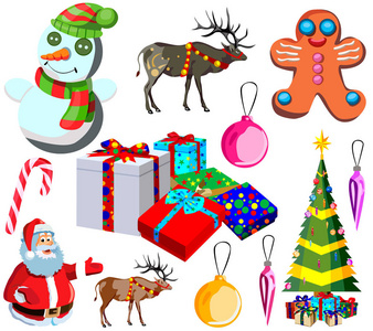 设置圣诞快乐和新年卡通图标和插图隔离在白色背景
