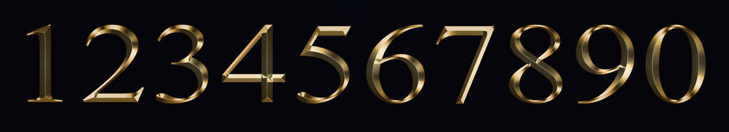 一组黄金数字0，1，2，3，4，5，6，7，8，9隔离在黑色背景数字黄金金属豪华背景上