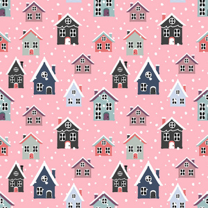 无缝矢量图案与美丽的雪屋在粉红色的背景。 非常适合贺卡包装纸邀请函等。