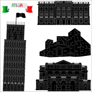 白色背景下意大利的建筑纪念碑。 黑色的景象轮廓。
