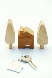 家庭钥匙与房子钥匙链和木制树模拟复古白色背景财产概念复制空间
