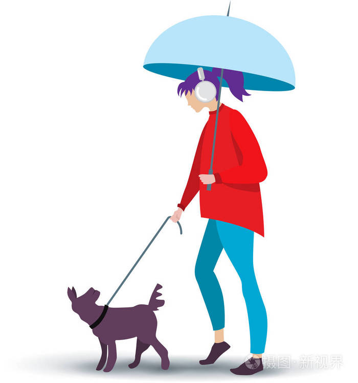 那个女孩和狗在雨中散步在白色背景上隔离的矢量插图