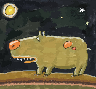 胖赤膊搞笑图狗和月亮是卡通和抽象的彩色绘画.照片